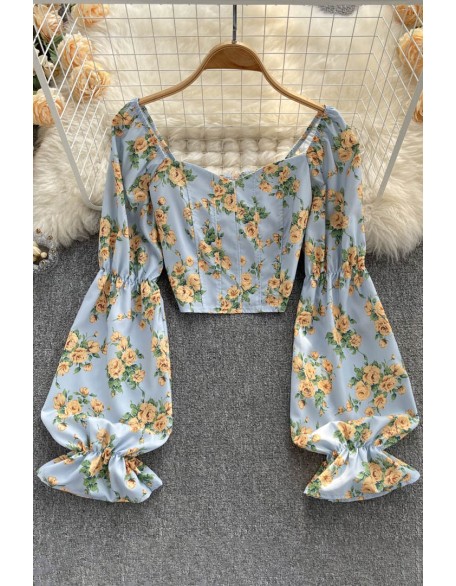 Off the Shoulder Floral Blouse Elastic Waist Ruched Slim Long Sleeve Tops Women Style Print Short Beach Blouses