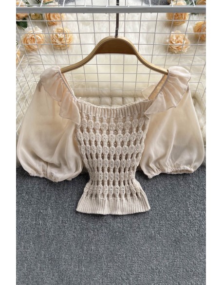 Knitted Spliced Short Blouse Square Collar Ruff Sleeve SheachTop Ladies Elastic Waist Gentle Top