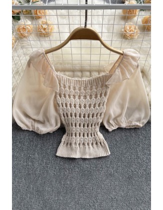 Knitted Spliced Short Blouse Square Collar Ruff Sleeve SheachTop Ladies Elastic Waist Gentle Top