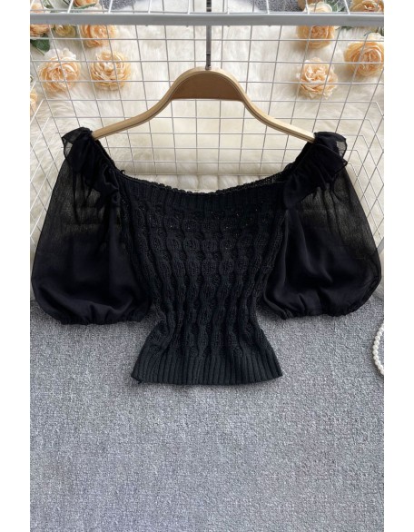 Knitted Spliced Short Blouse Square Collar Ruff Sleeve SheachTop Ladies Elastic Waist Gentle Top