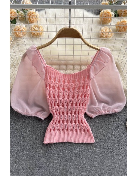 Knitted Spliced Short Blouse Square Collar Ruff Sleeve SheachTop Ladies Elastic Waist Gentle Top