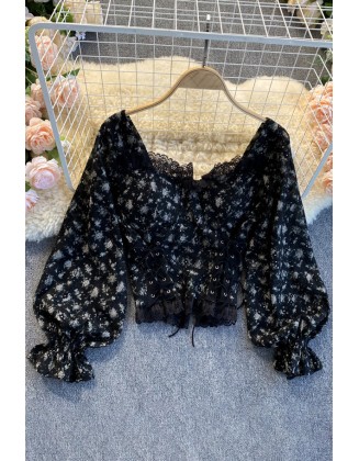 Lace Floral Women Blouse Backless Elastic Waist Lantern Sleeve Square Neck Drawstring Ladies Slim Short Tops