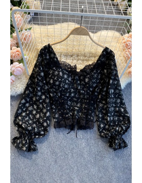 Lace Floral Women Blouse Backless Elastic Waist Lantern Sleeve Square Neck Drawstring Ladies Slim Short Tops