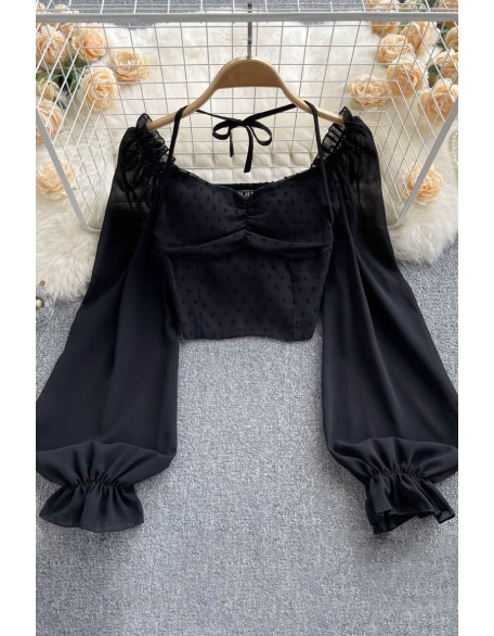 Chiffon Ruffled Blouse Women Vacation Lantern Sleeves Elastic Square Neck Ruched Ladies Slim Short Tops