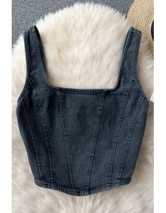 Denim Design Women Camisole Square Neck Zipper High Street Fashion Ladies Tank Top