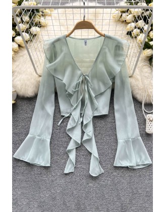 Ruffled Chiffon Blouse Women Flare Sleeve Transparent Fashion Ladies Sunscreen Shirt