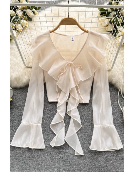 Ruffled Chiffon Blouse Women Flare Sleeve Transparent Fashion Ladies Sunscreen Shirt