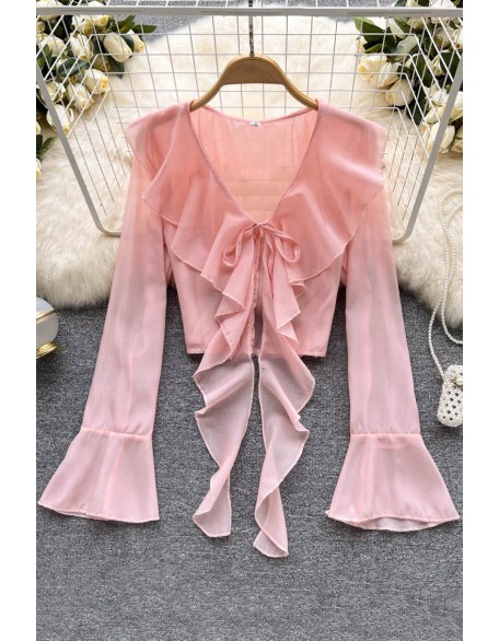 Ruffled Chiffon Blouse Women Flare Sleeve Transparent Fashion Ladies Sunscreen Shirt