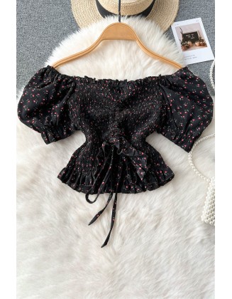 Floral Print Crop Tops Women Slash Neck Off Shoulder Ruffled Elastic Waist Ladies Sweet Slim Fashion Blouse